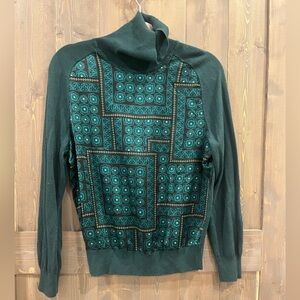 Ann Taylor Teal and Black Patterned Turtleneck Sweater